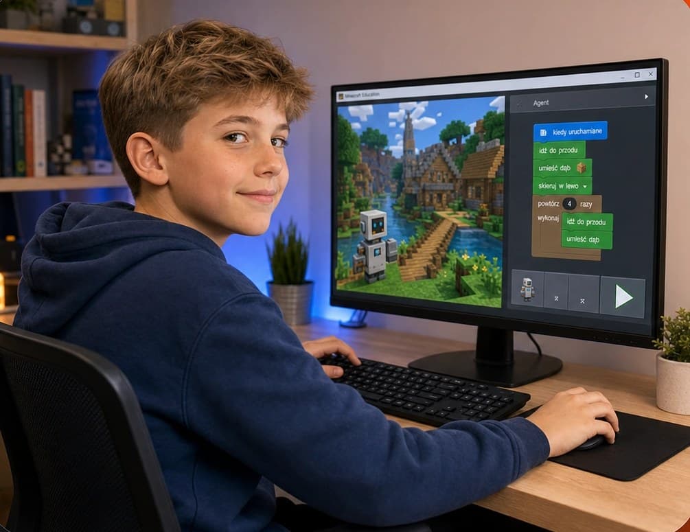 Lächelnder Junge am Laptop nach einer erfolgreichen Stunde des Programmierkurses